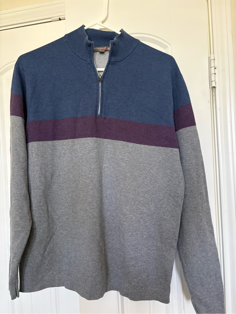 Peter Millar Men's Half‑Zip Sweater in Blue, Gray & Purple Stripe